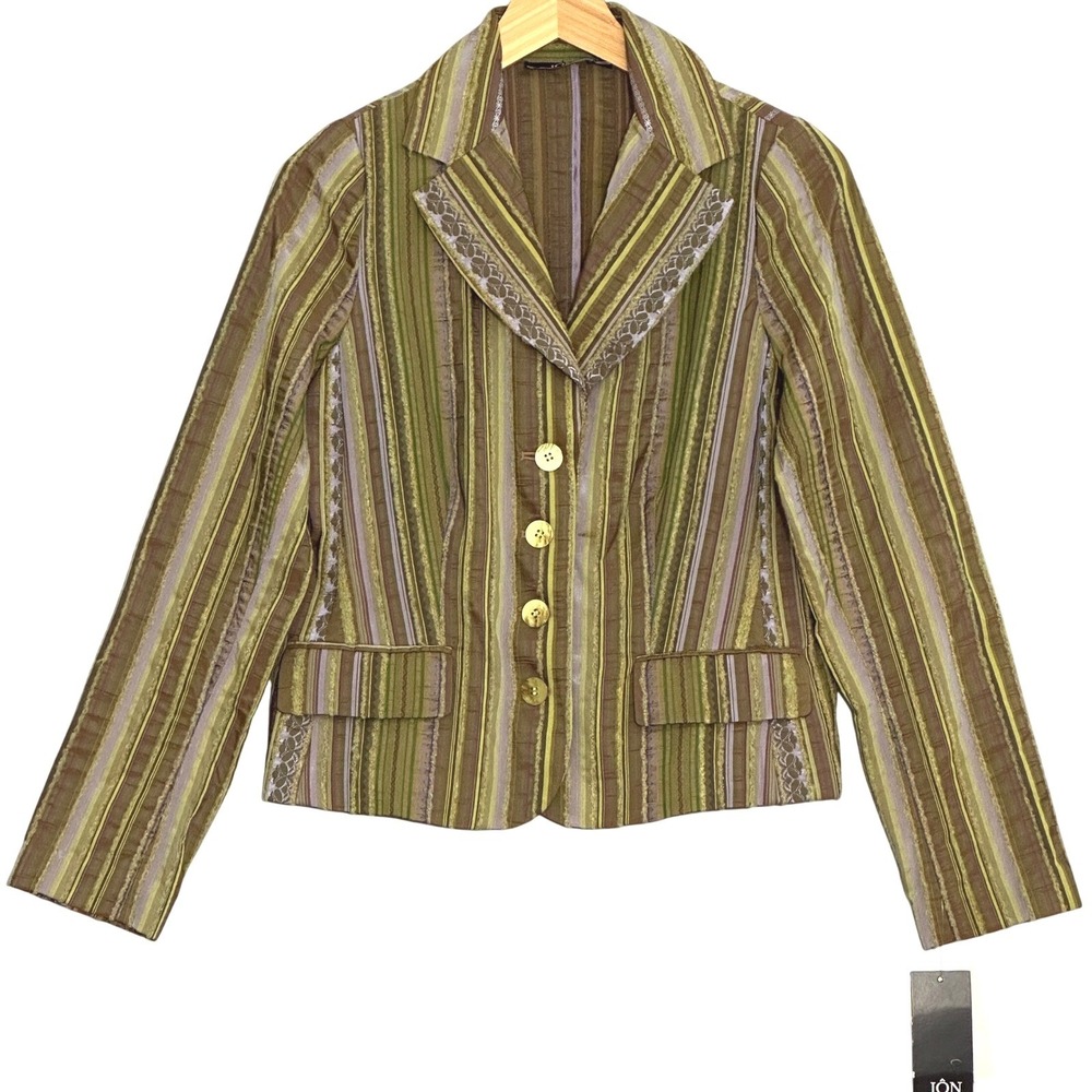 JON Teri Jon Womens Jacket 6 Green Brown Stripe Lace Boho Artsy Eclectic Goblin